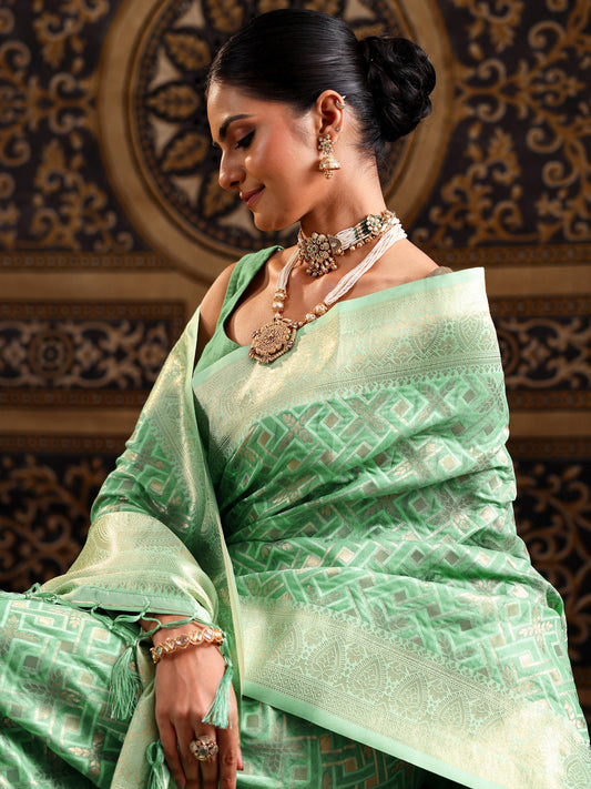 Sea Green Woven Design Silk Blend Saree With Unstitched Blouse Piece