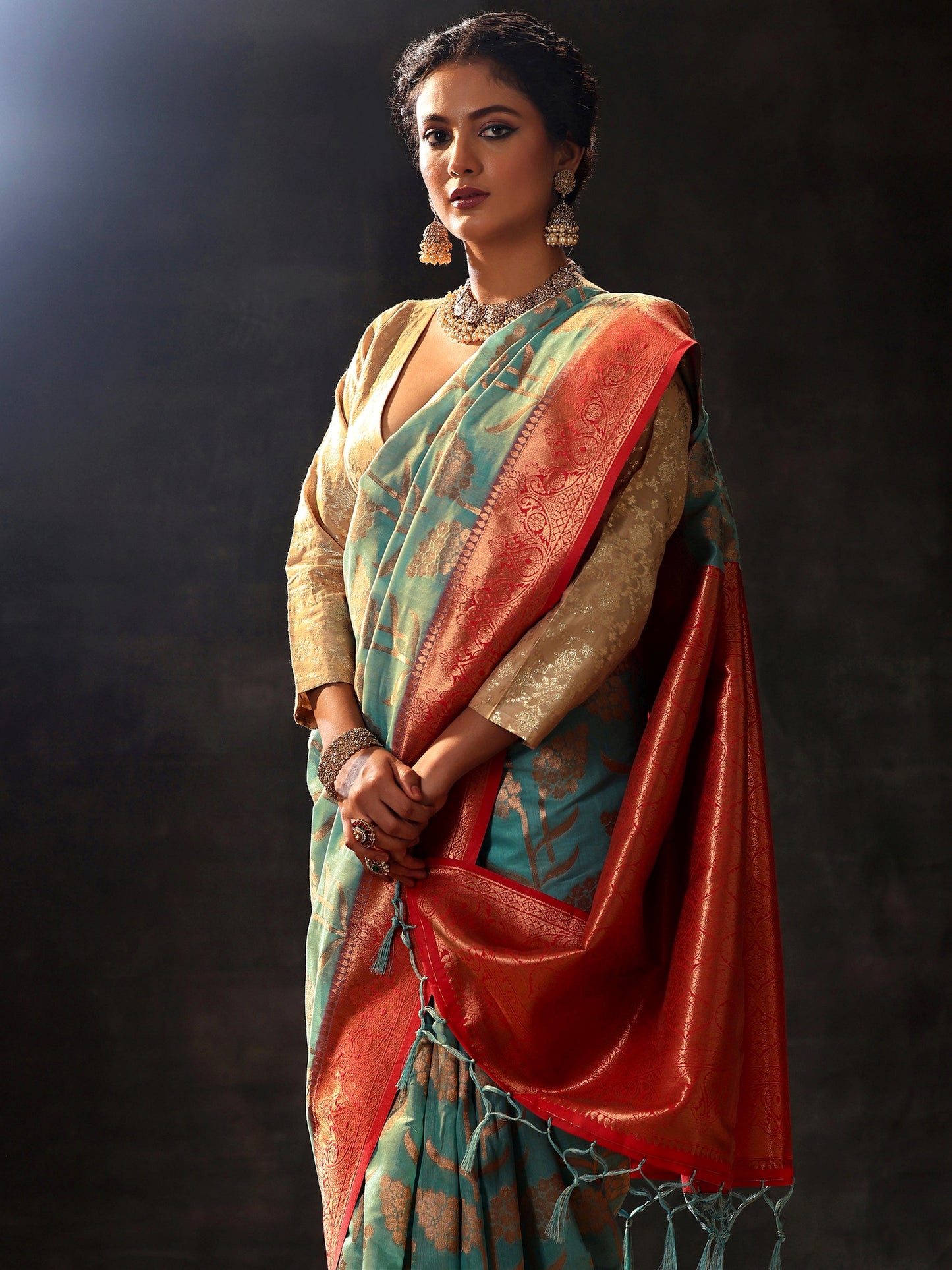 Blue Woven Design Silk Blend Saree With Unstitched Blouse Piece