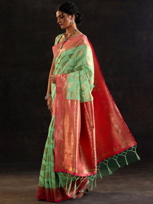 Green Woven Design Silk Blend Saree With Unstitched Blouse Piece