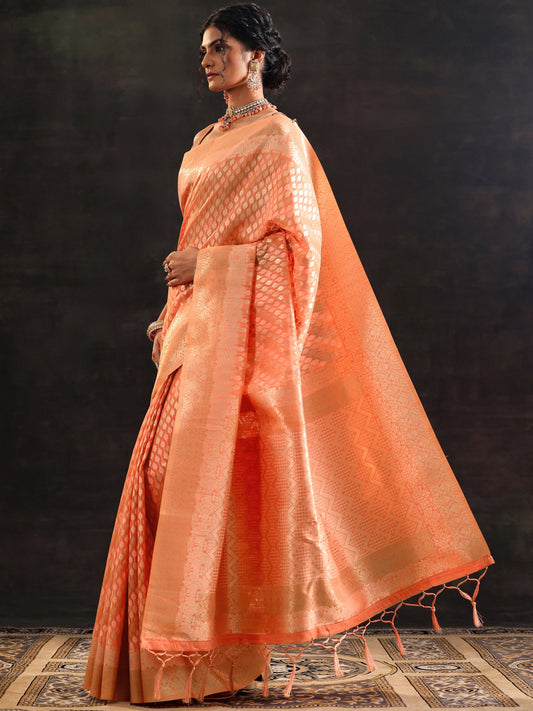 Orange Woven Design Silk Blend Saree With Unstitched Blouse Piece