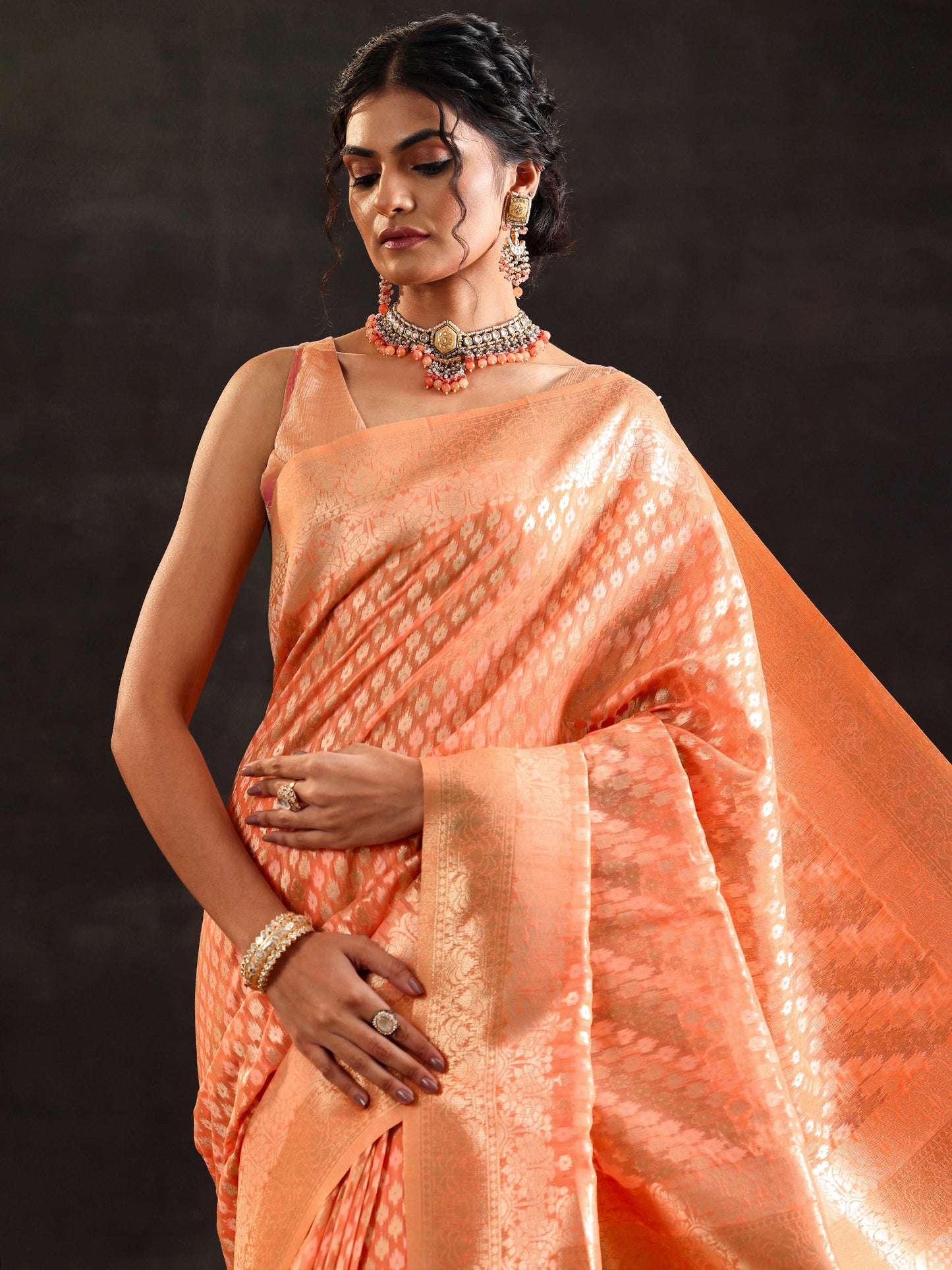 Orange Woven Design Silk Blend Saree With Unstitched Blouse Piece