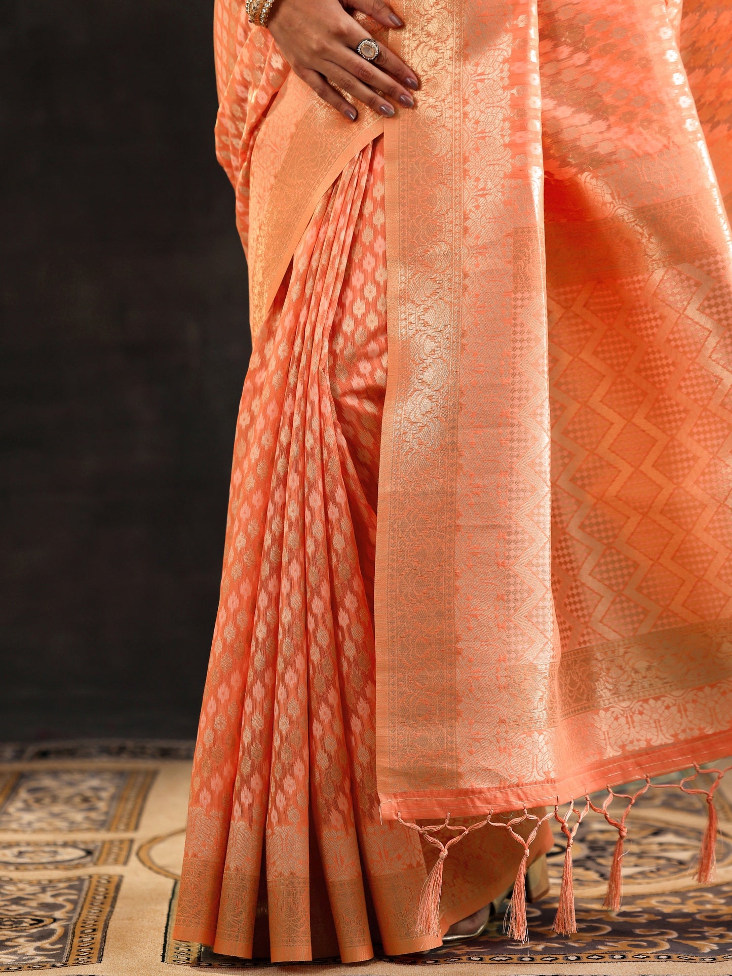 Orange Woven Design Silk Blend Saree With Unstitched Blouse Piece