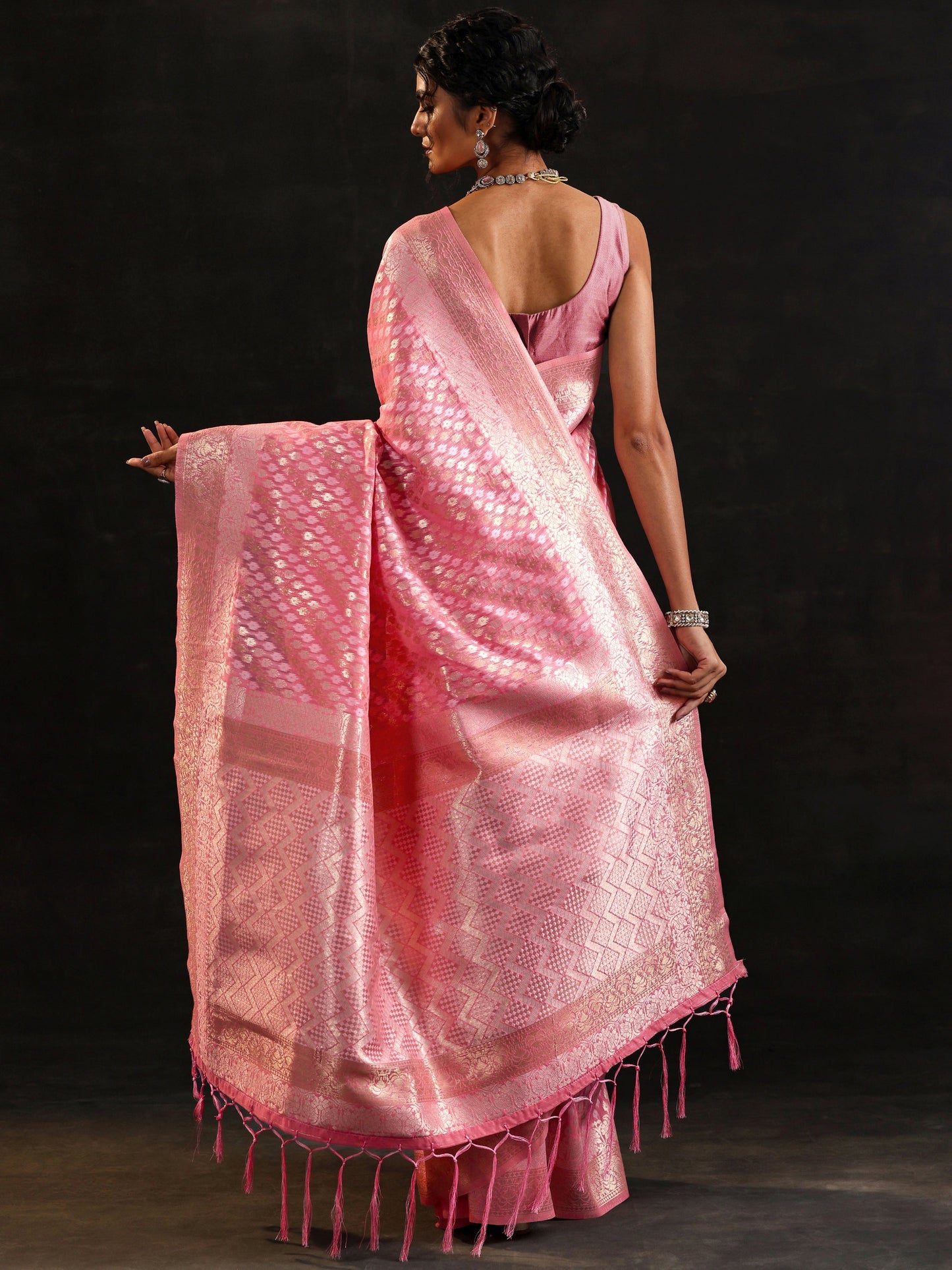 Pink Woven Design Silk Blend Saree With Unstitched Blouse Piece