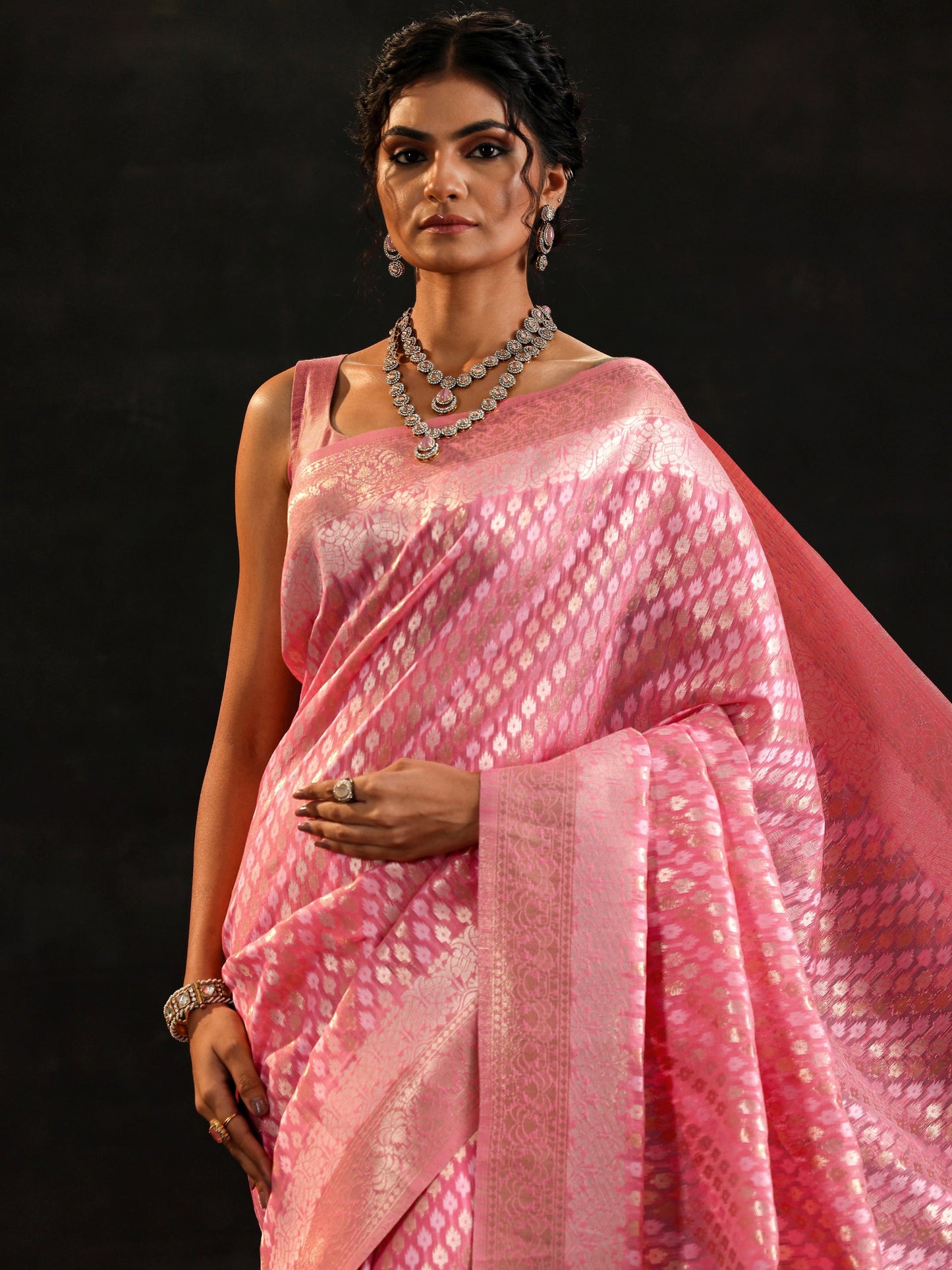 Pink Woven Design Silk Blend Saree With Unstitched Blouse Piece