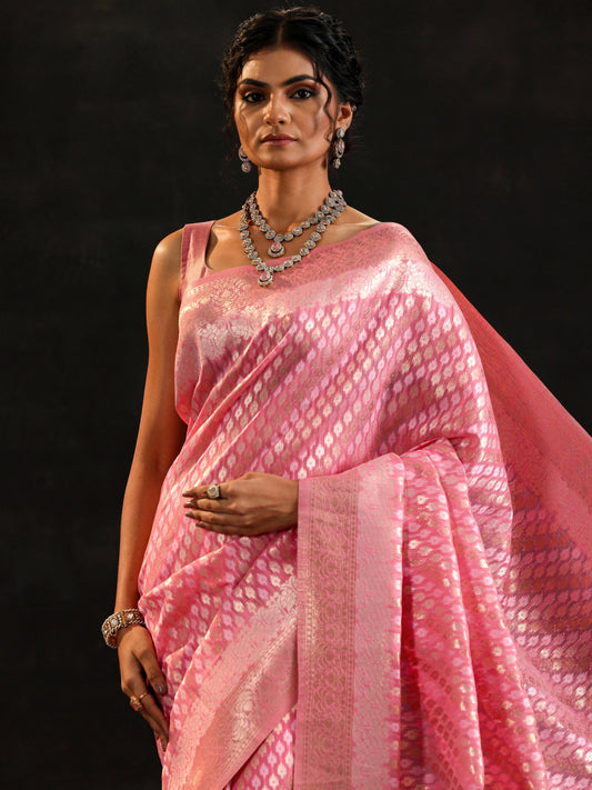 Pink Woven Design Silk Blend Saree With Unstitched Blouse Piece