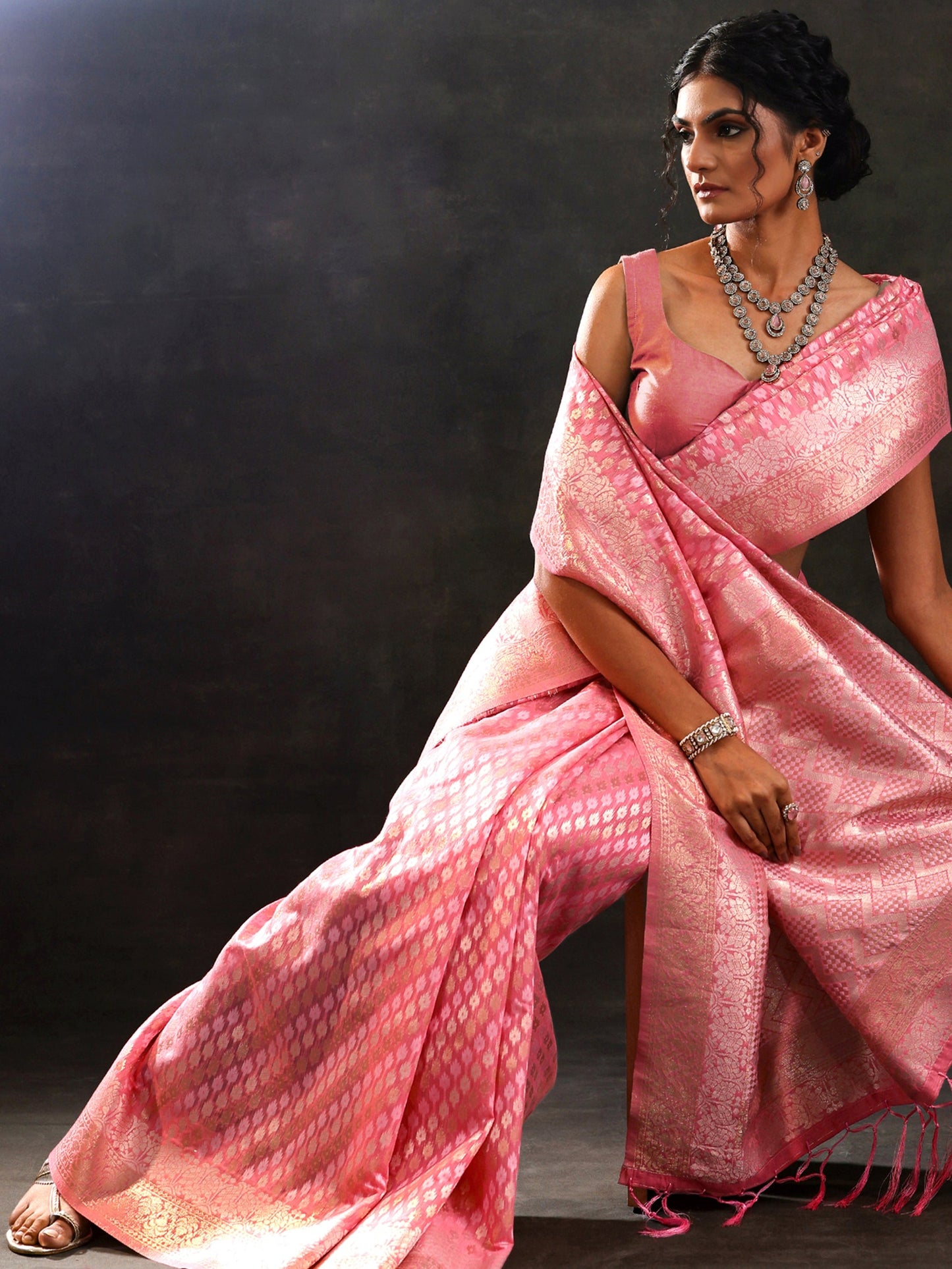 Pink Woven Design Silk Blend Saree With Unstitched Blouse Piece