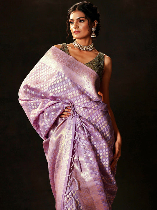 Lavender Woven Design Silk Blend Saree With Unstitched Blouse Piece