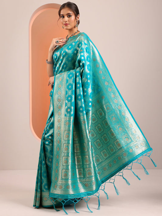 Blue Woven Design Banarasi Silk Blend Saree With Unstitched Blouse Piece