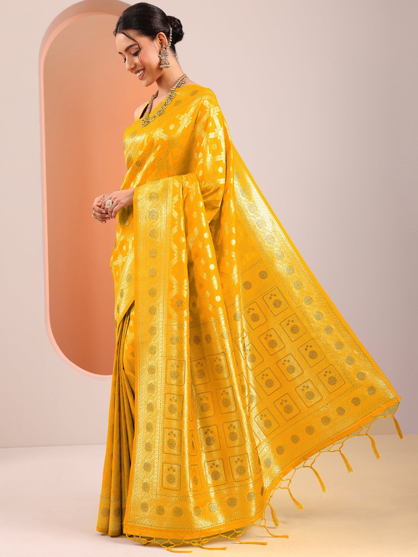 Yellow Woven Design Silk Blend Saree With Unstitched Blouse Piece