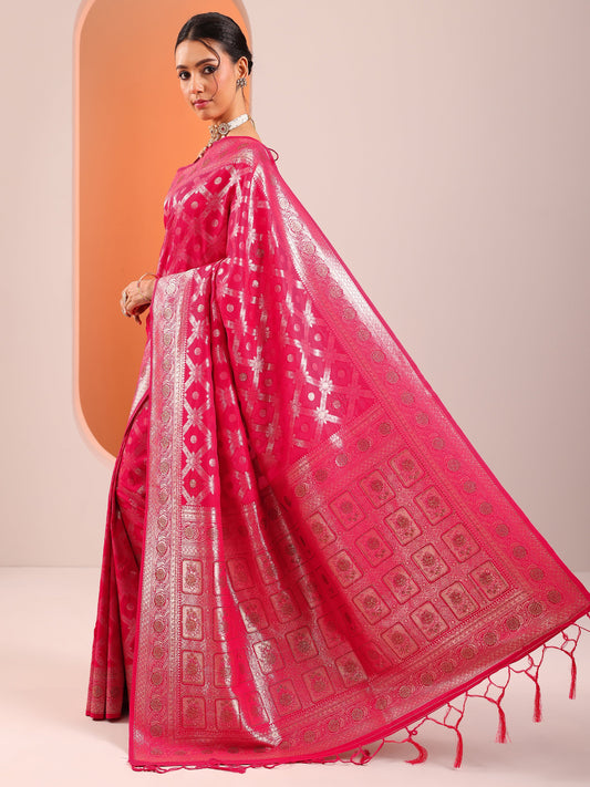 Pink Woven Design Silk Blend Sarees With Unstitched Blouse Piece