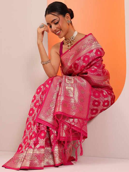Pink Woven Design Banarasi Silk Blend Saree With Unstitched Blouse Piece