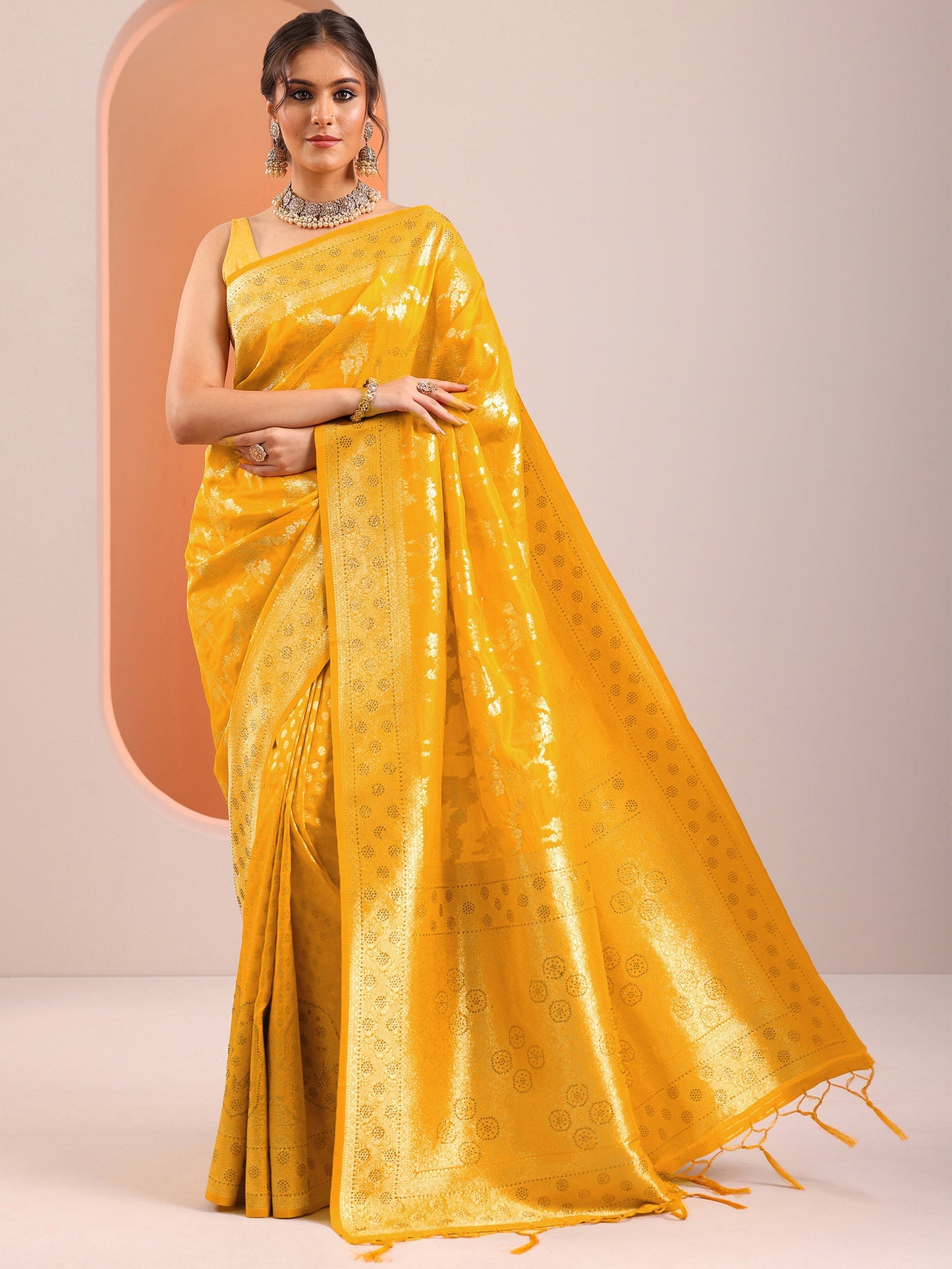 Yellow Woven Design Silk Blend Saree With Unstitched Blouse Piece