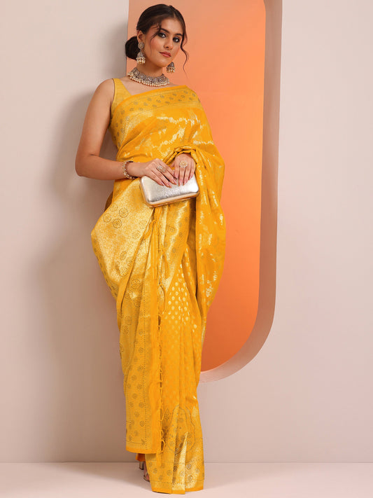 Yellow Woven Design Silk Blend Saree With Unstitched Blouse Piece