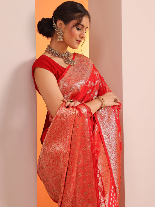 Red Woven Design Silk Blend Saree With Unstitched Blouse Piece
