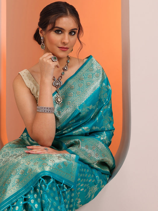 Blue Woven Design Banarasi Silk Blend Saree With Unstitched Blouse Piece