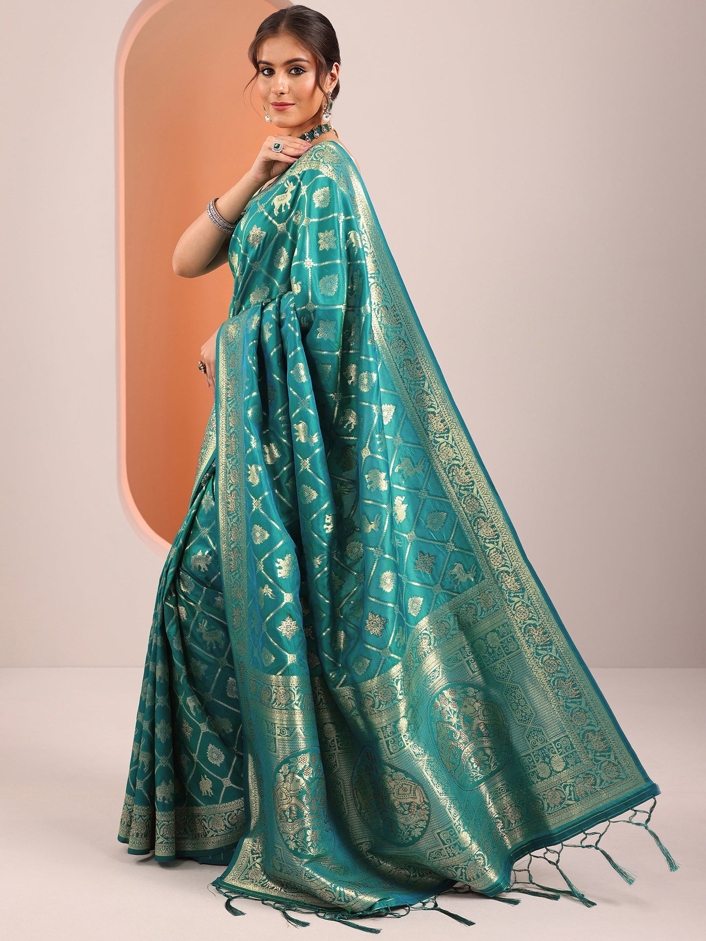 Teal Woven Design Banarasi Silk Blend Saree With Unstitched Blouse Piece