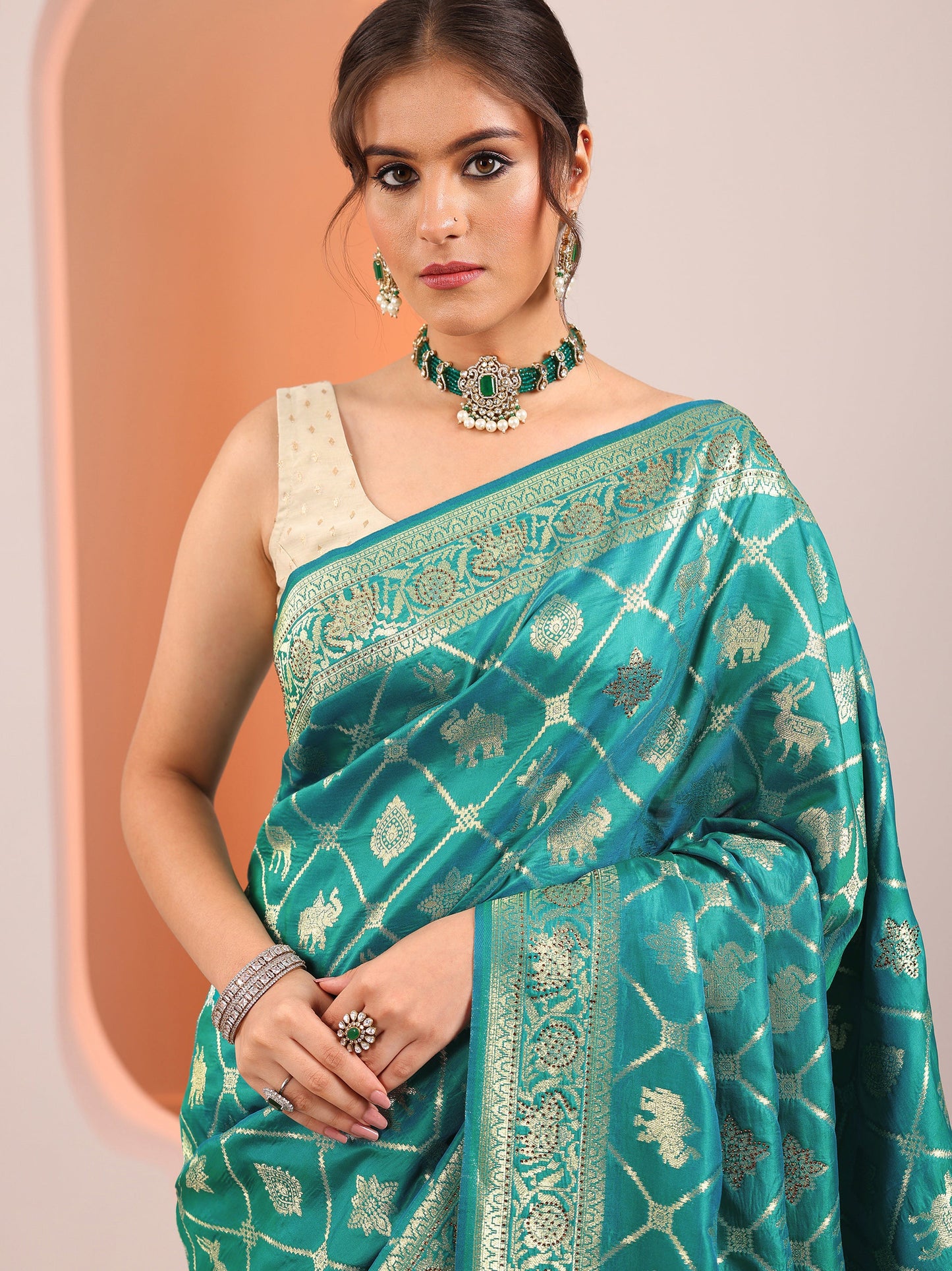Teal Woven Design Banarasi Silk Blend Saree With Unstitched Blouse Piece