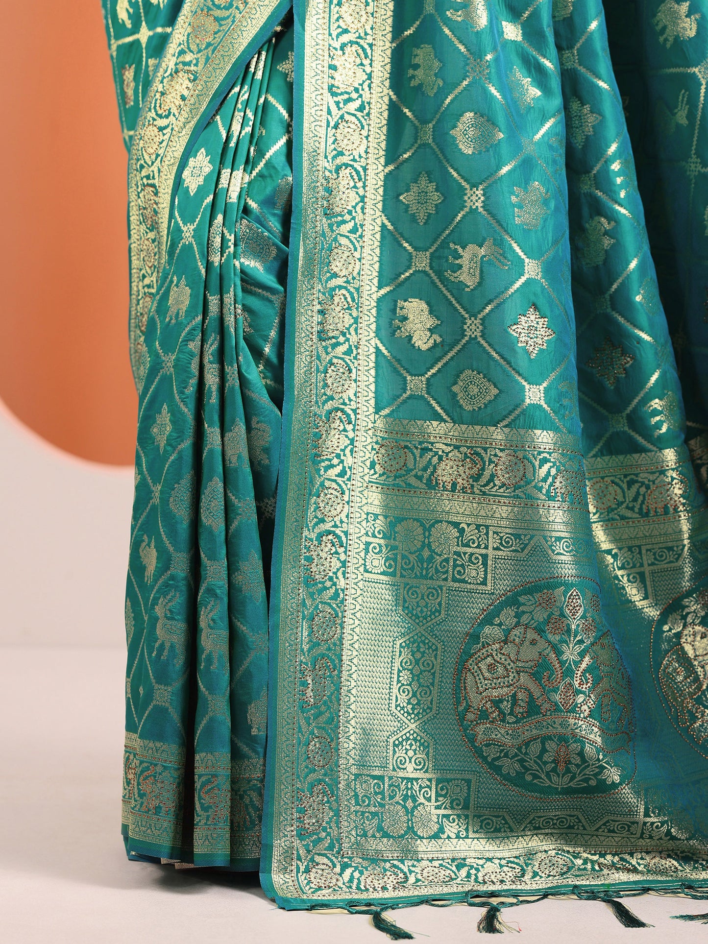 Teal Woven Design Banarasi Silk Blend Saree With Unstitched Blouse Piece