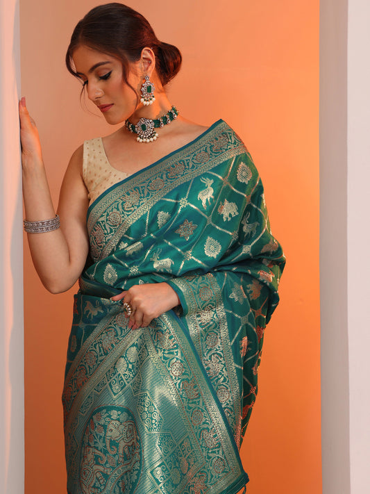 Teal Woven Design Silk Blend Sarees With Unstitched Blouse Piece