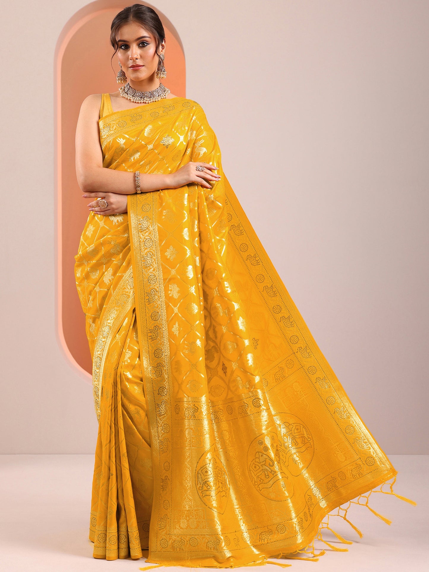 Yellow Woven Design Silk Blend Saree With Unstitched Blouse Piece