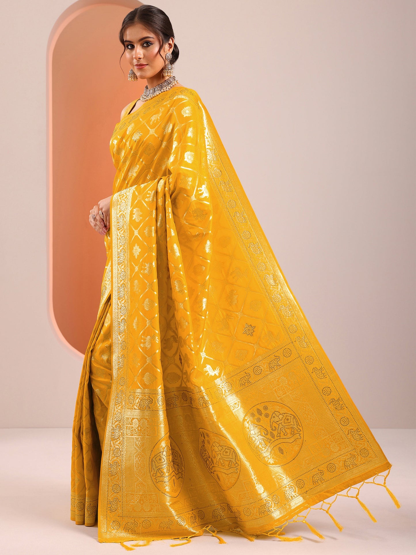Yellow Woven Design Silk Blend Saree With Unstitched Blouse Piece