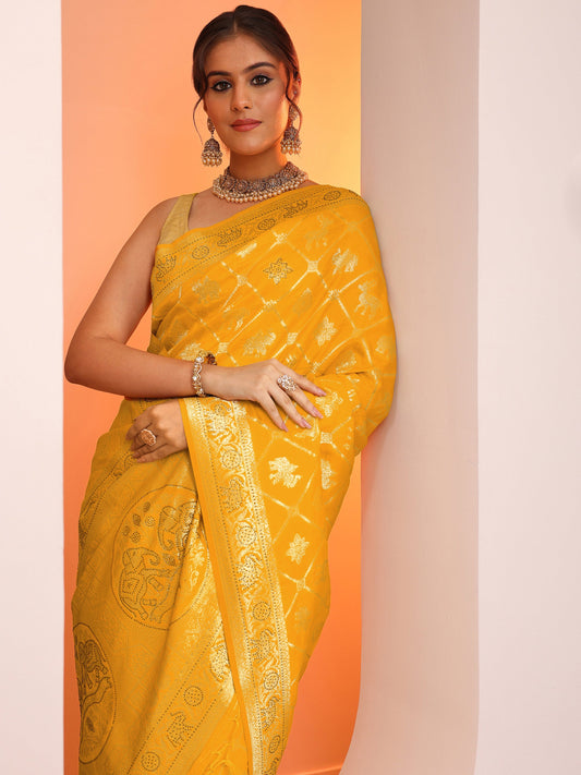 Yellow Woven Design Silk Blend Saree With Unstitched Blouse Piece