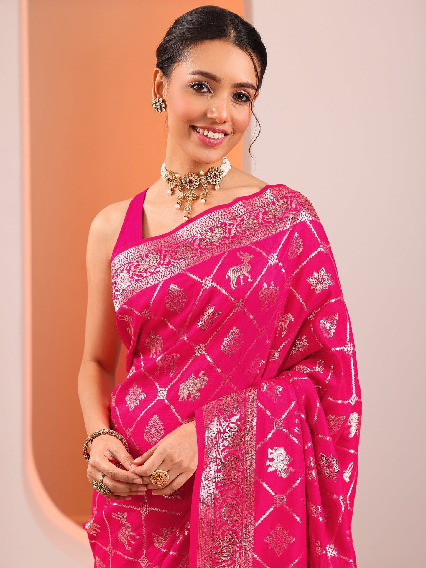 Pink Woven Design Banarasi Silk Blend Saree With Unstitched Blouse Piece