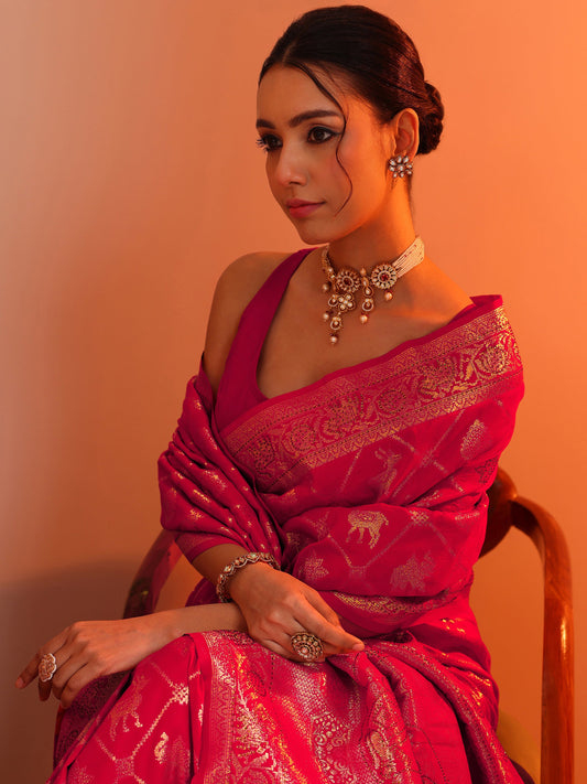 Pink Woven Design Banarasi Silk Blend Saree With Unstitched Blouse Piece