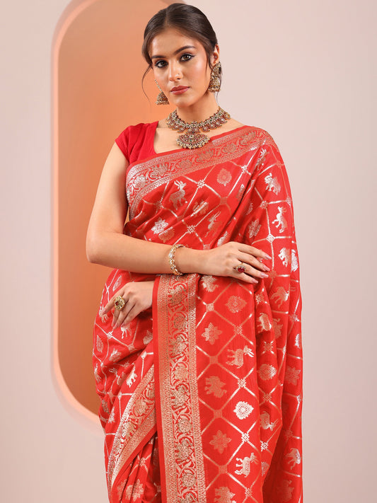 Red Woven Design Silk Blend Saree With Unstitched Blouse Piece
