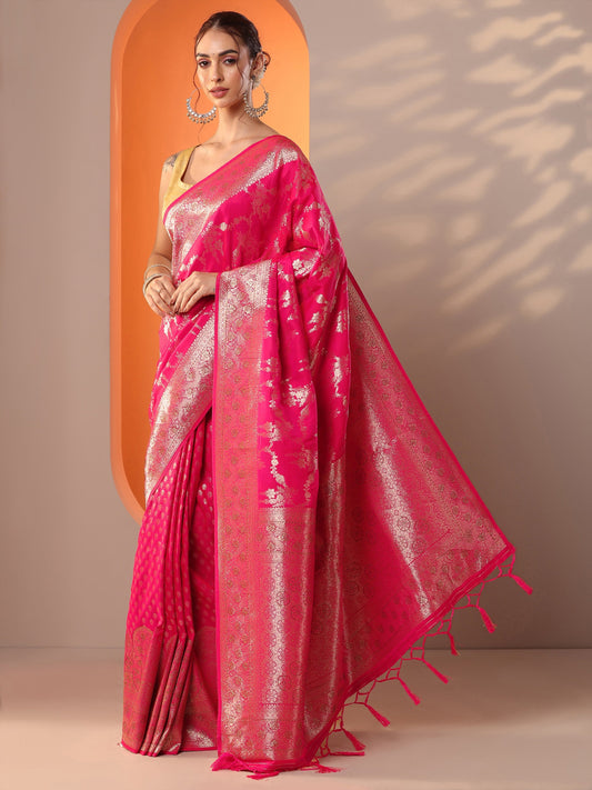 Pink Woven Design Banarasi Silk Blend Saree With Unstitched Blouse Piece