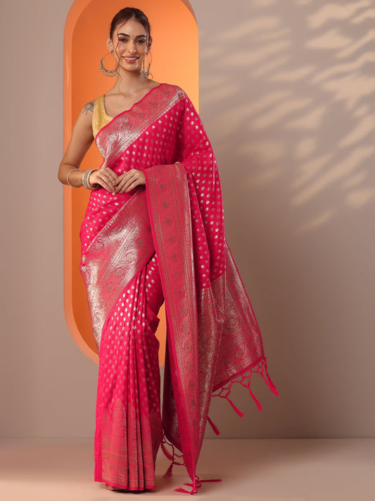 Pink Woven Design Silk Blend Saree With Unstitched Blouse Piece