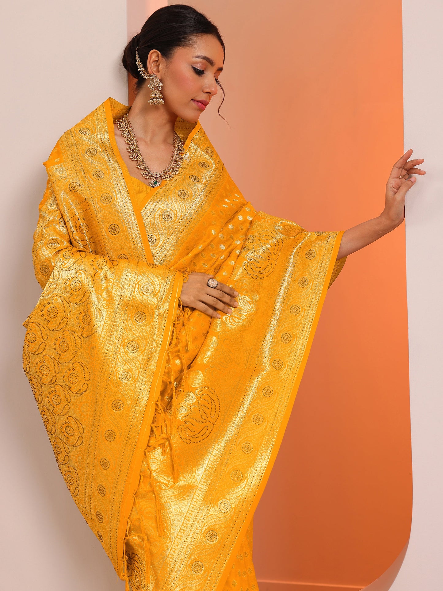 Yellow Woven Design Silk Blend Saree With Unstitched Blouse Piece
