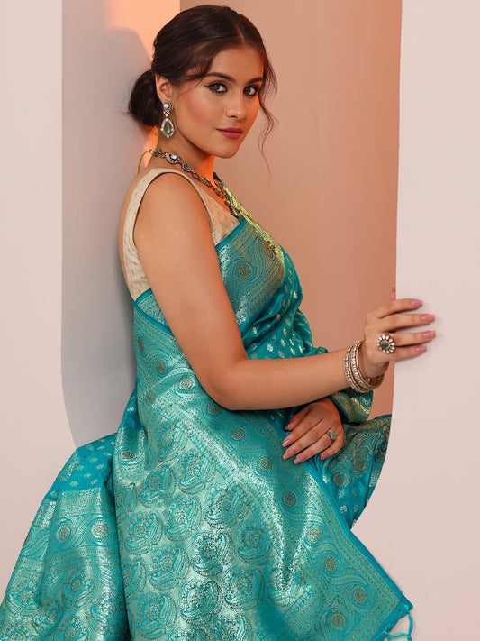 Blue Woven Design Banarasi Silk Blend Saree With Unstitched Blouse Piece