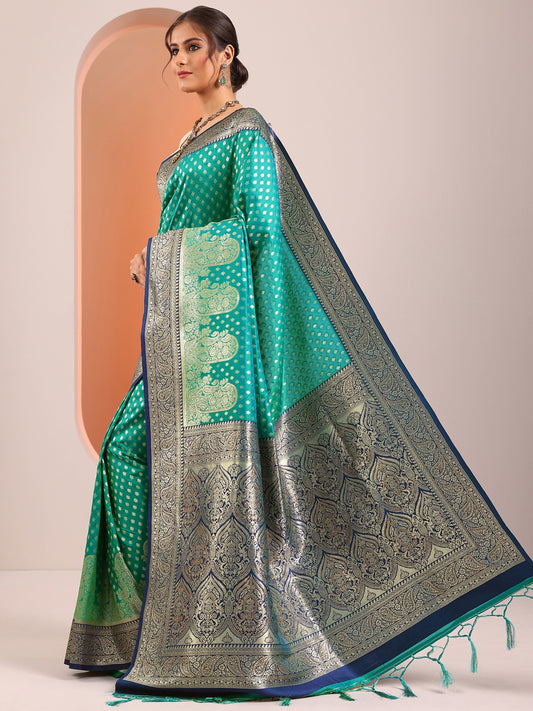 Green Woven Design Banarasi Silk Blend Saree With Unstitched Blouse Piece