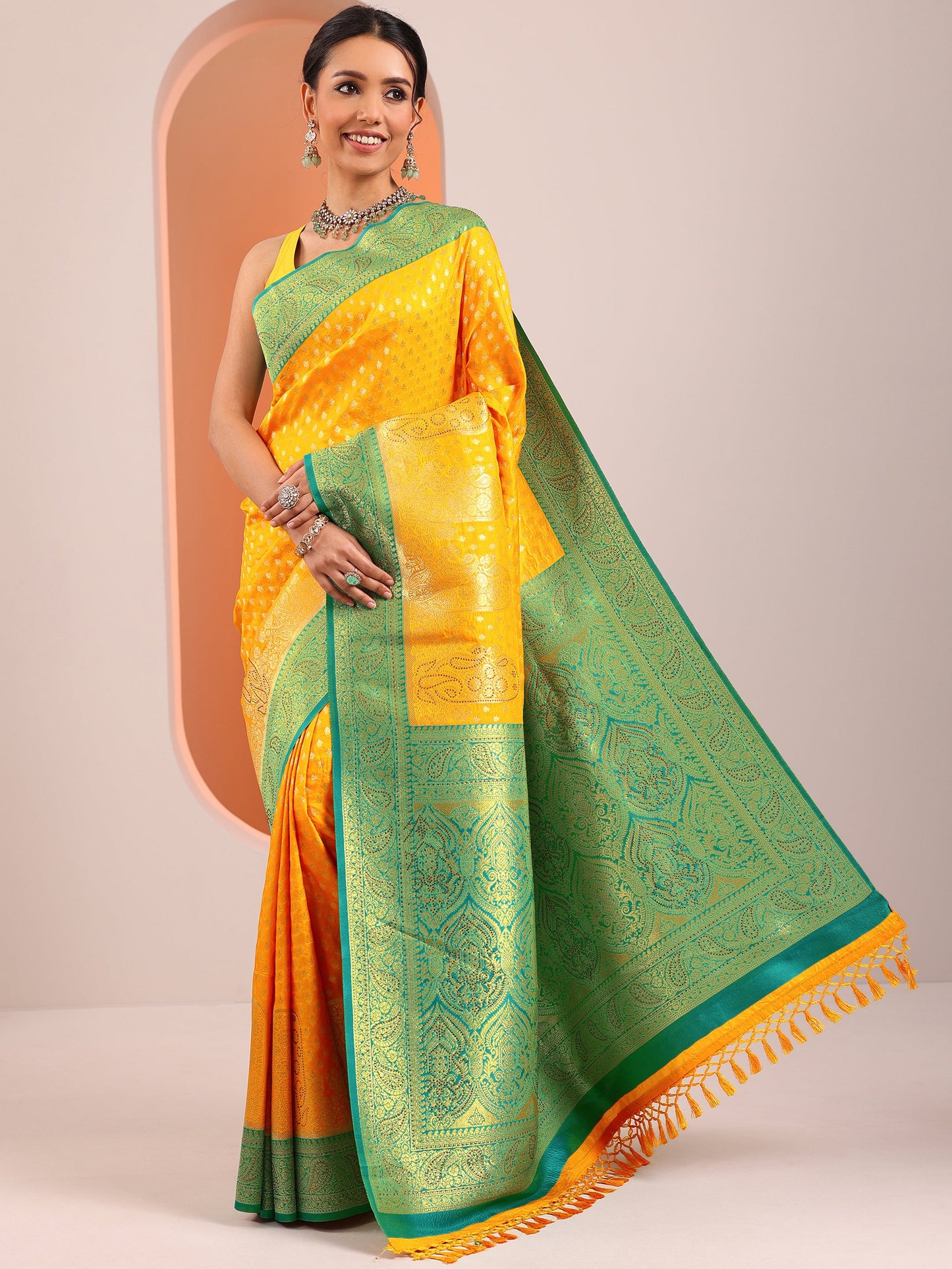 Yellow Woven Design Banarasi Silk Blend Saree With Unstitched Blouse Piece