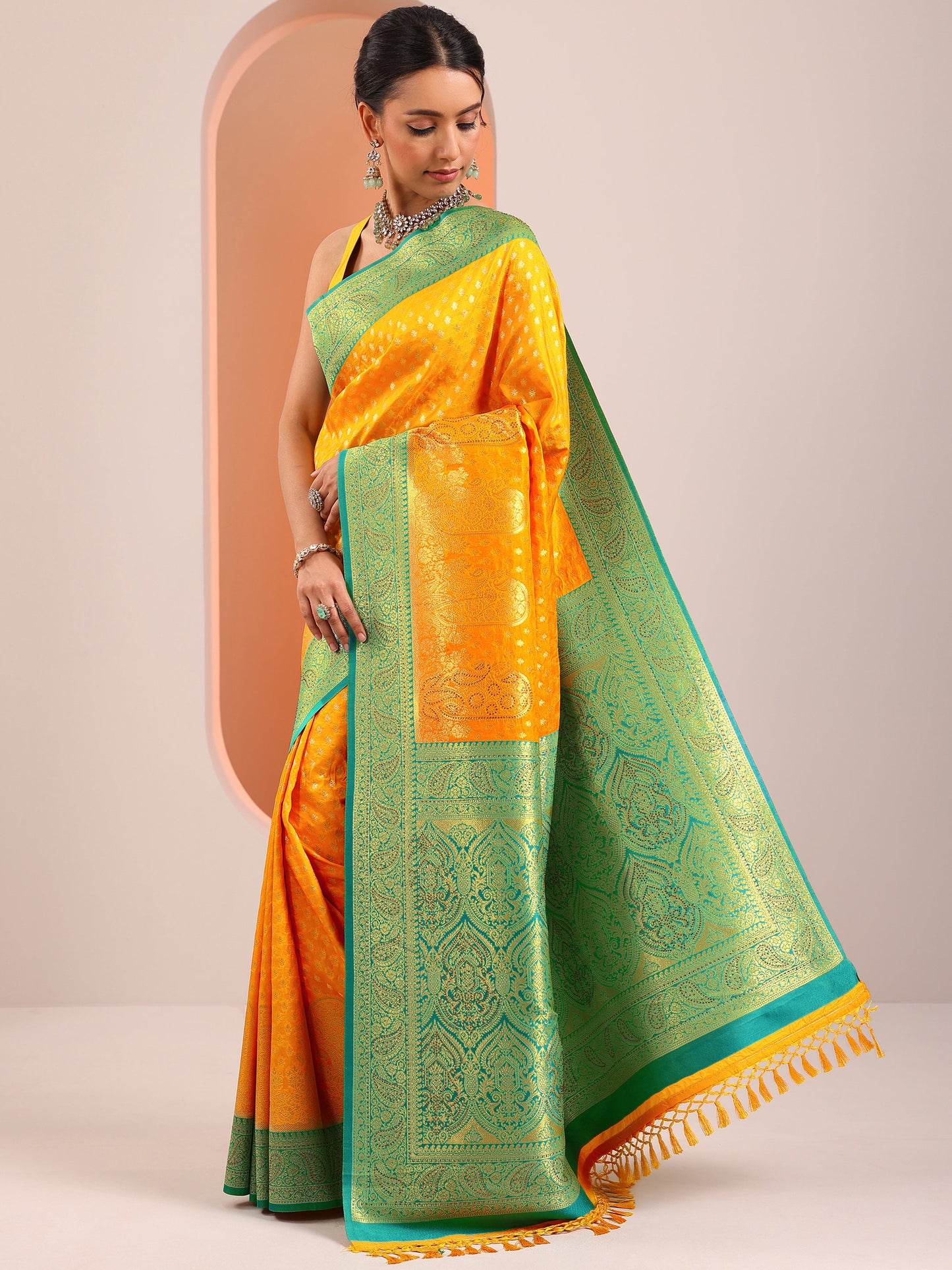 Yellow Woven Design Banarasi Silk Blend Saree With Unstitched Blouse Piece