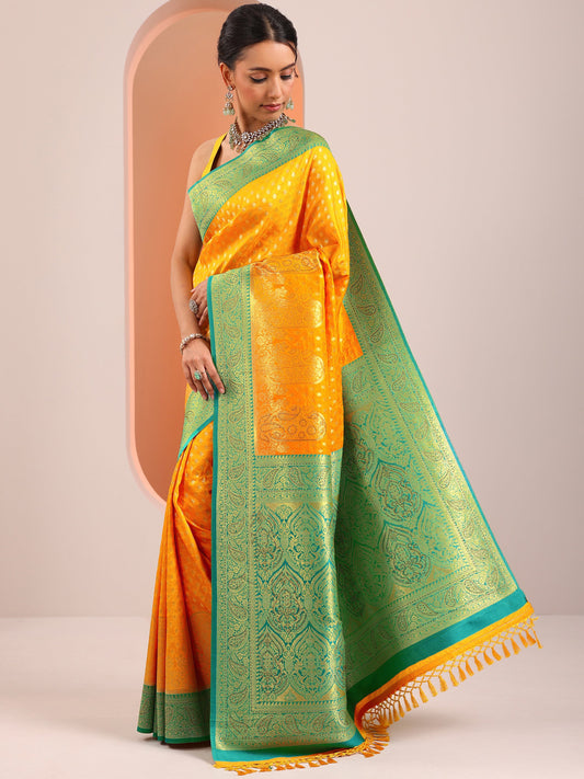 Yellow Woven Design Banarasi Silk Blend Saree With Unstitched Blouse Piece