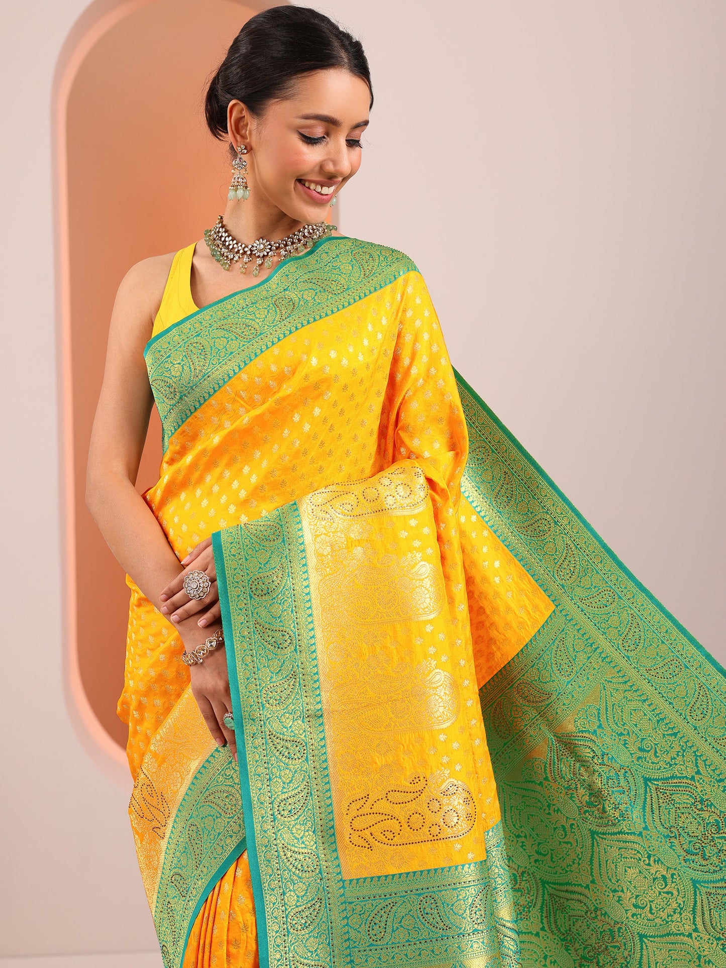 Yellow Woven Design Banarasi Silk Blend Saree With Unstitched Blouse Piece