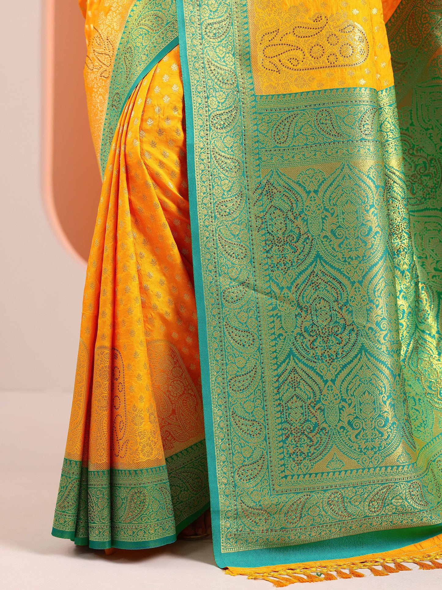Yellow Woven Design Banarasi Silk Blend Saree With Unstitched Blouse Piece