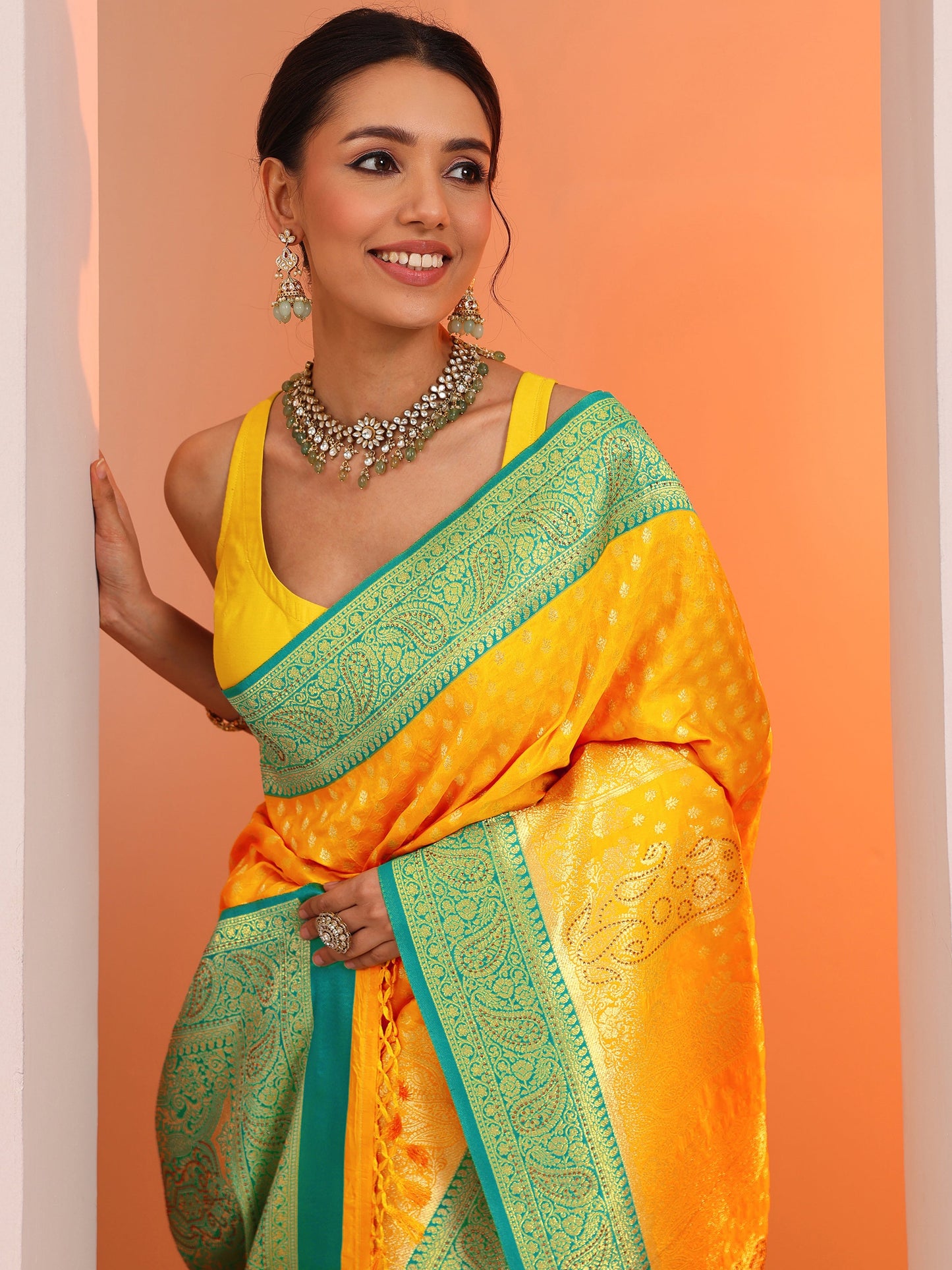 Yellow Woven Design Banarasi Silk Blend Saree With Unstitched Blouse Piece