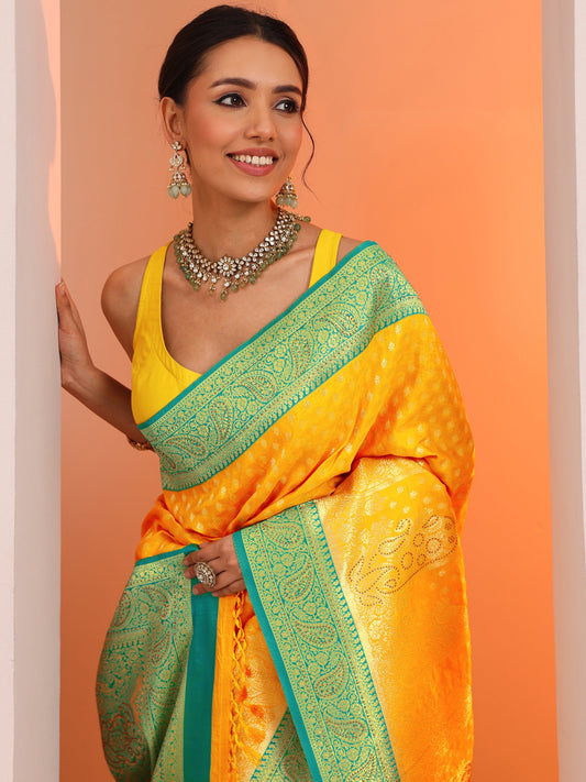 Yellow Woven Design Banarasi Silk Blend Saree With Unstitched Blouse Piece