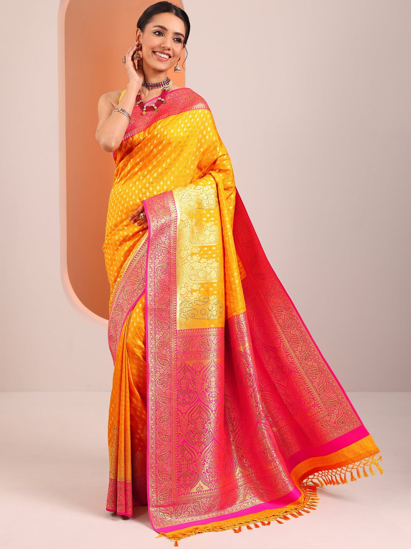 Yellow Embellished Silk Blend Sarees With Unstitched Blouse Piece
