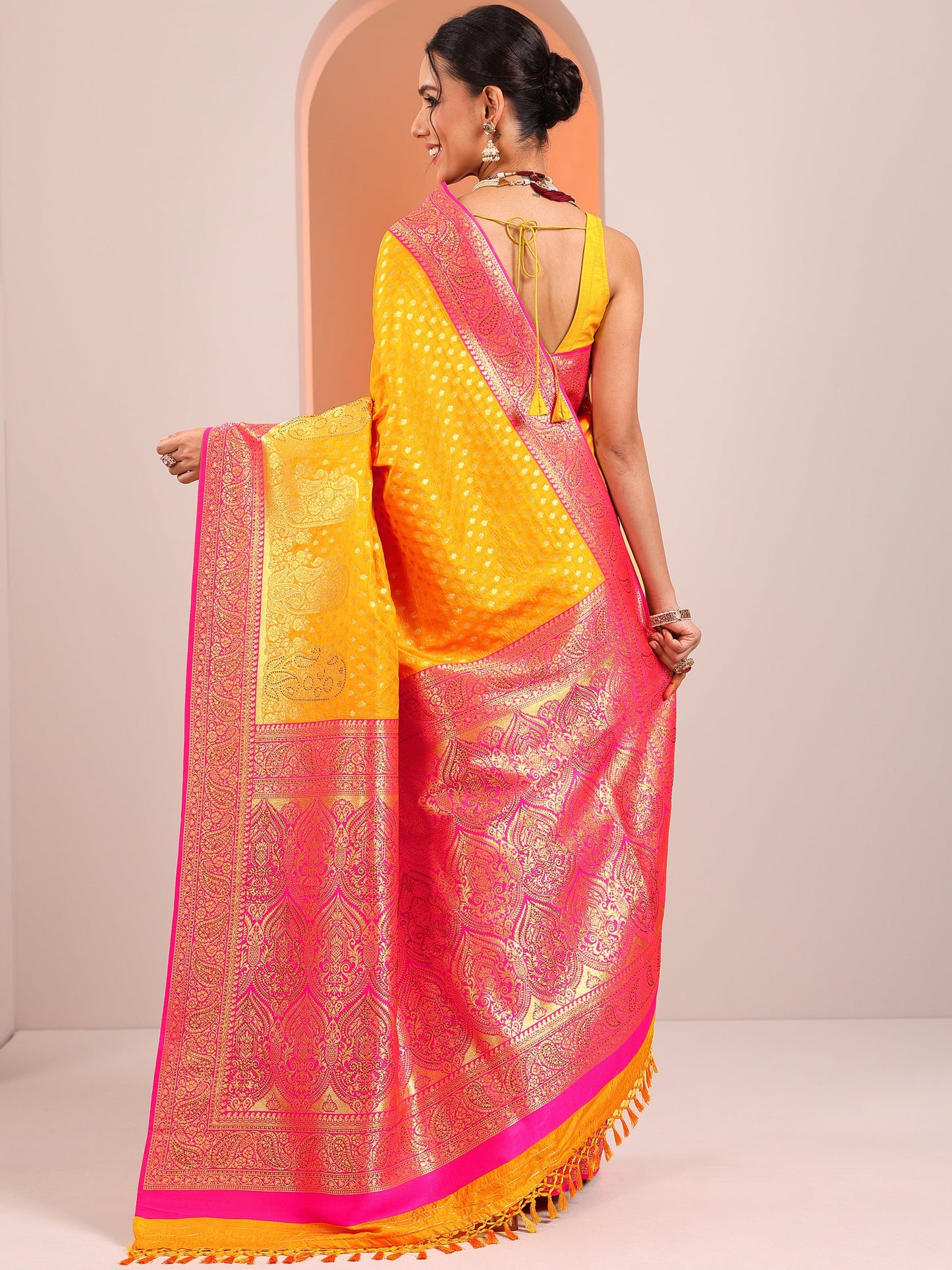 Yellow Embellished Silk Blend Sarees With Unstitched Blouse Piece