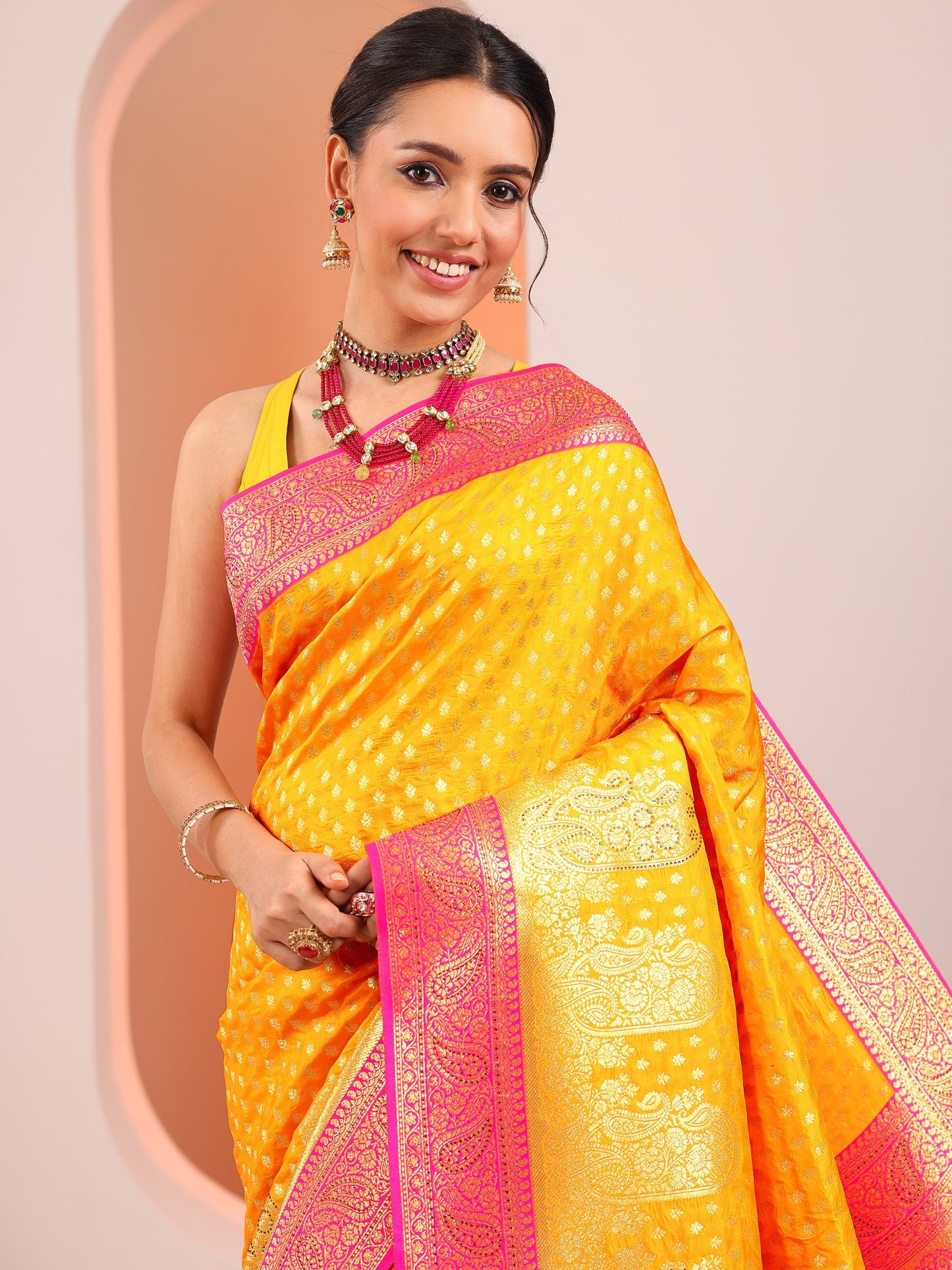 Yellow Embellished Silk Blend Sarees With Unstitched Blouse Piece