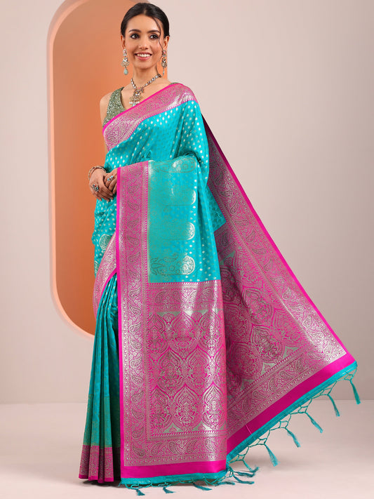 Blue Woven Design Banarasi Silk Blend Saree With Unstitched Blouse Piece