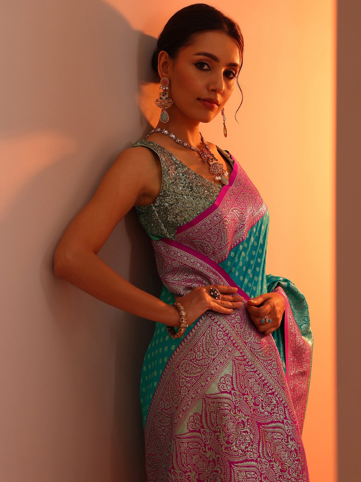 Blue Woven Design Banarasi Silk Blend Saree With Unstitched Blouse Piece