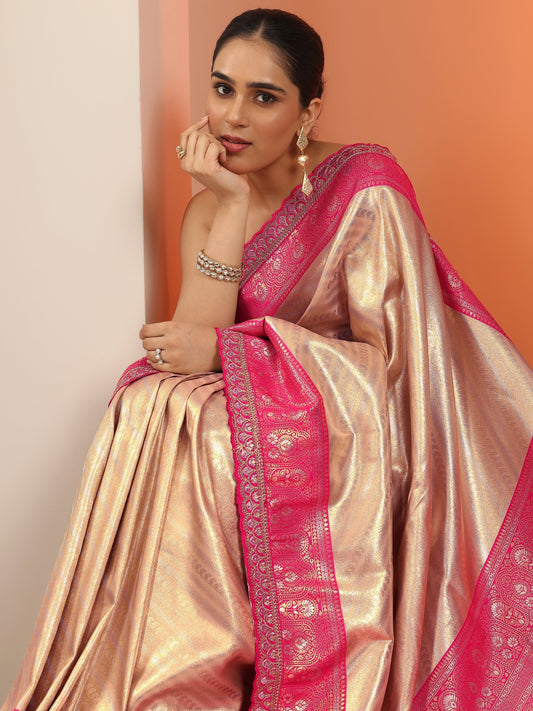 Beige  Silk Blend Saree With Unstitched Blouse Piece