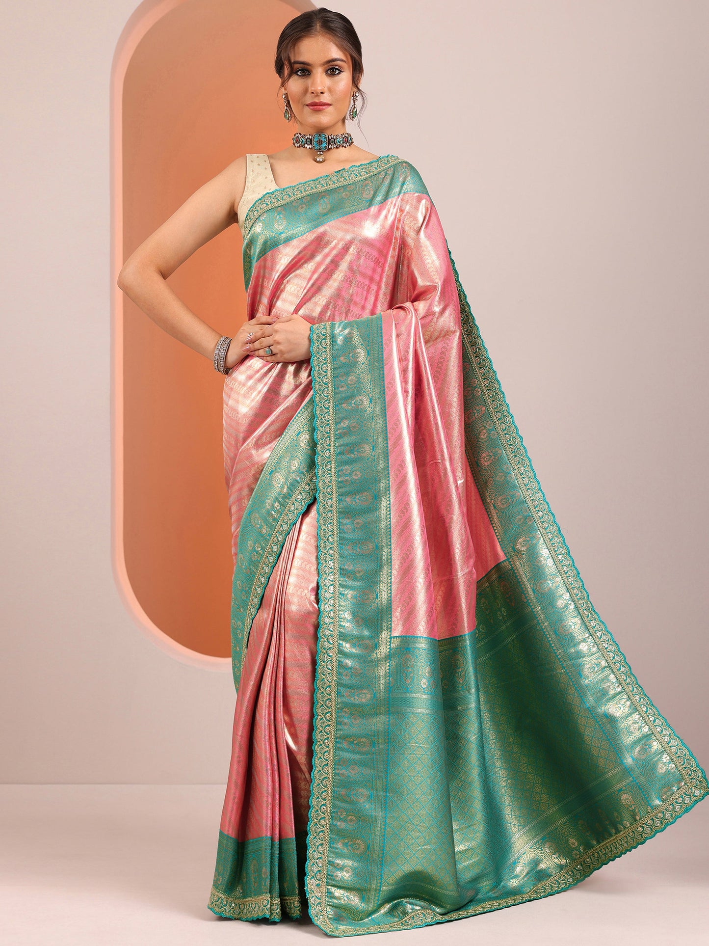 Peach Woven Design Silk Blend Sarees With Unstitched Blouse Piece