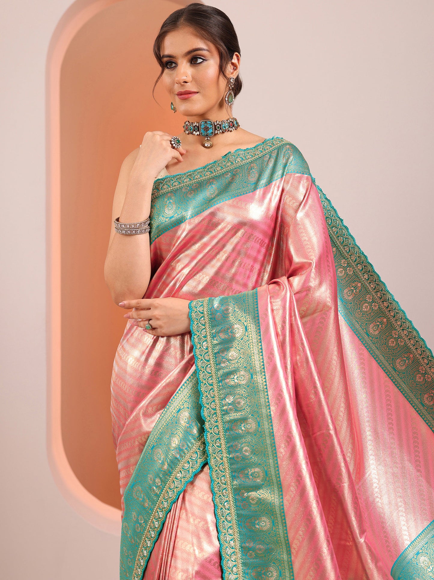 Peach Woven Design Banarasi Silk Blend Saree With Unstitched Blouse Piece