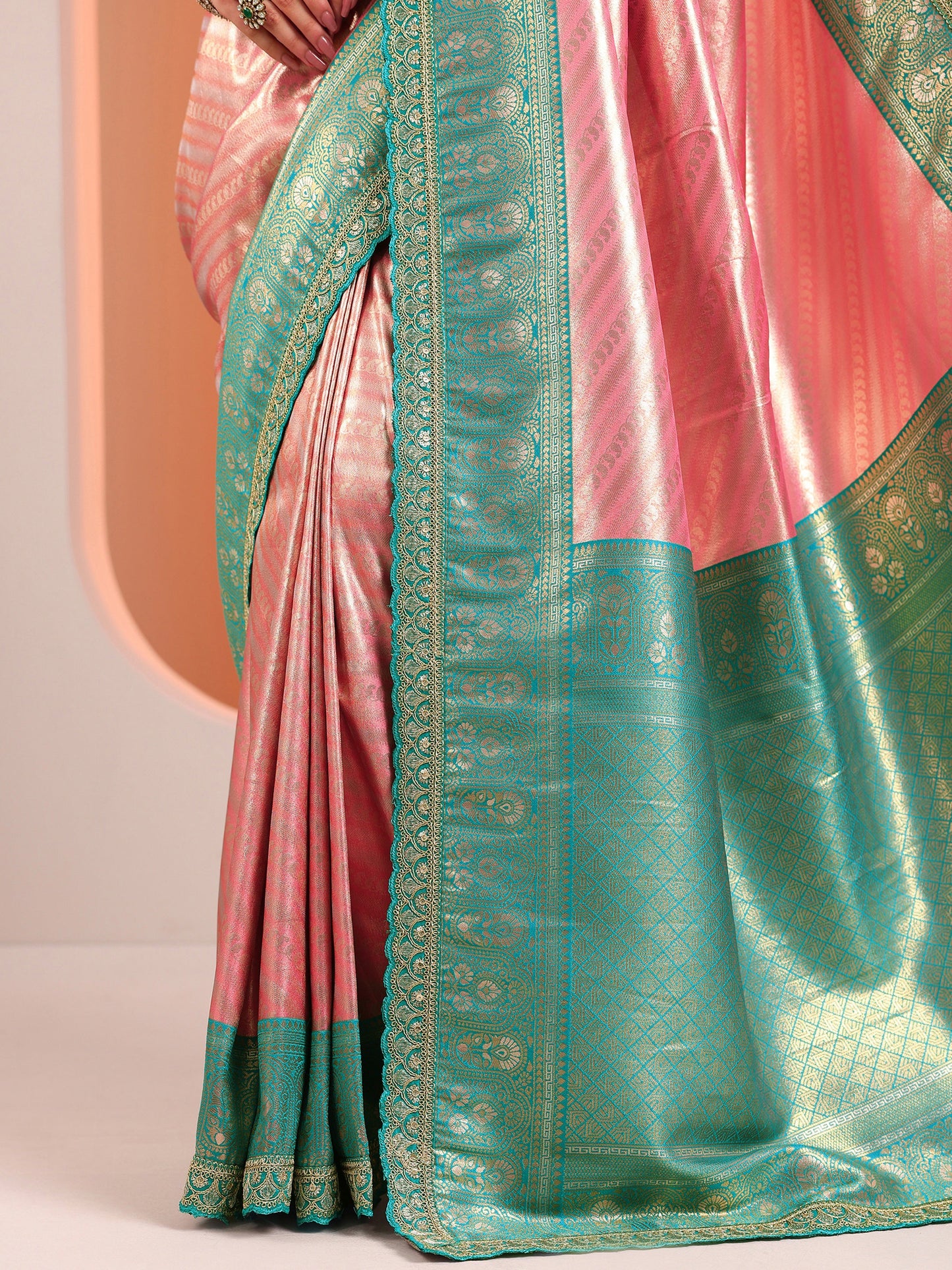 Peach Woven Design Banarasi Silk Blend Saree With Unstitched Blouse Piece